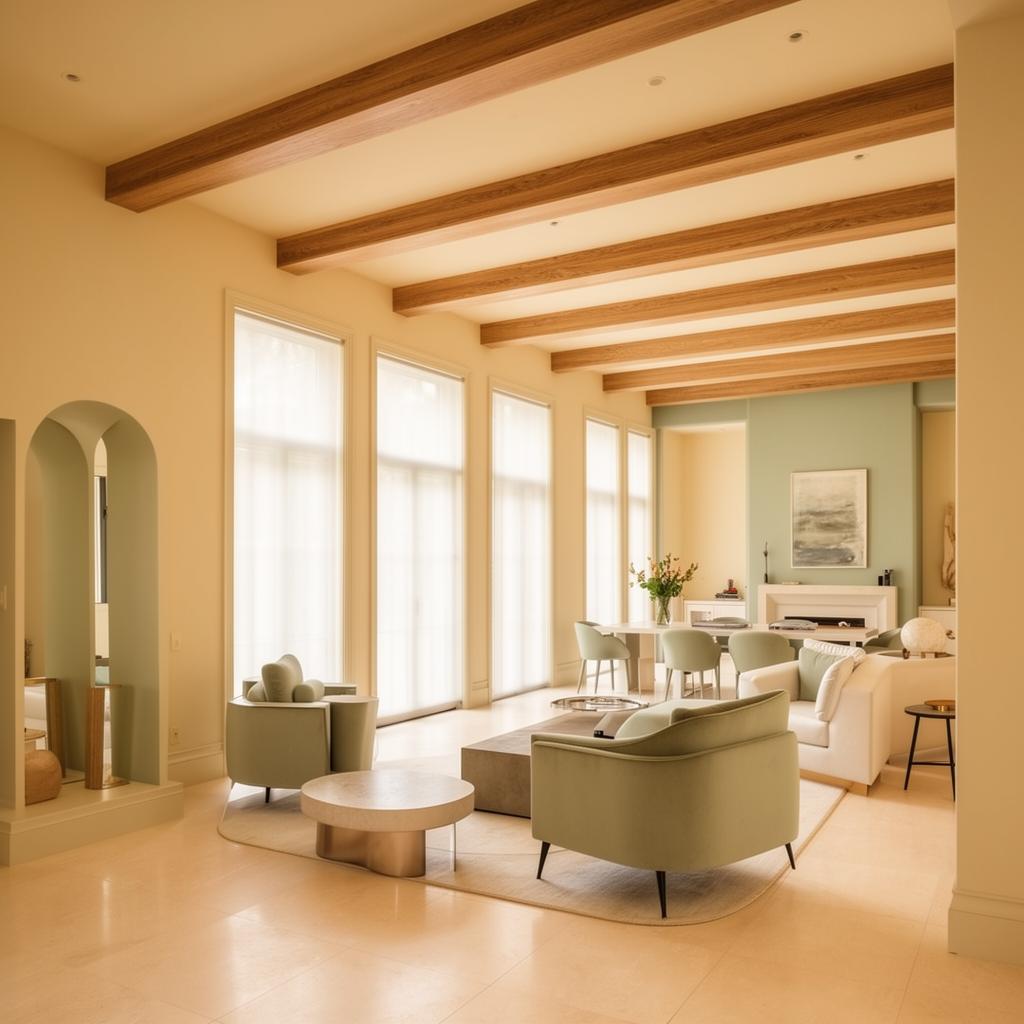 Beautifully renovated open interior with oak beams and sage accents