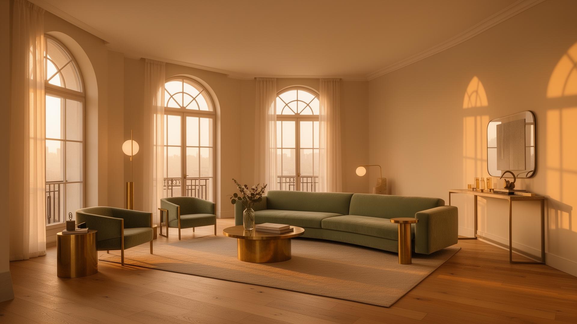 Sunlit luxury living room with arched windows and sage velvet seating